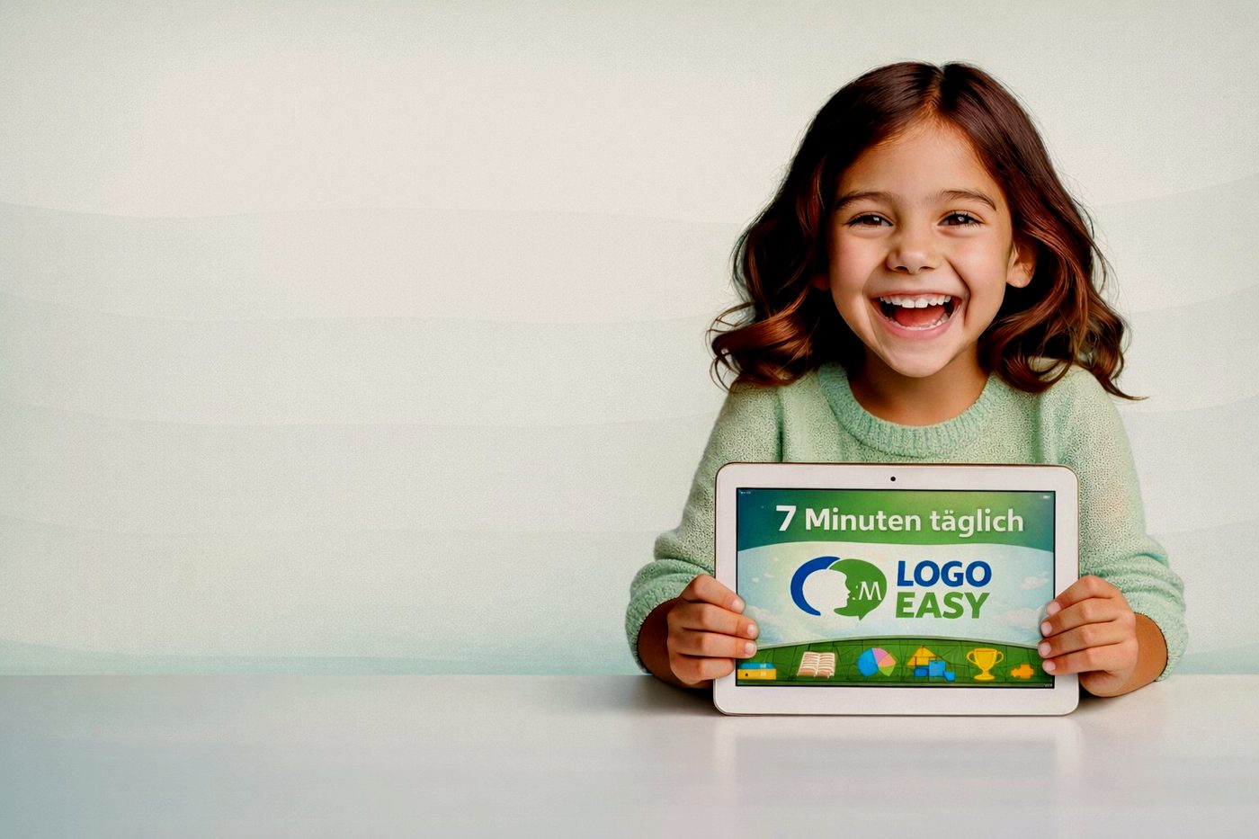Kind nutzt Logo-Easy Sprachförderung auf dem Tablet – Lernbox für zuhause