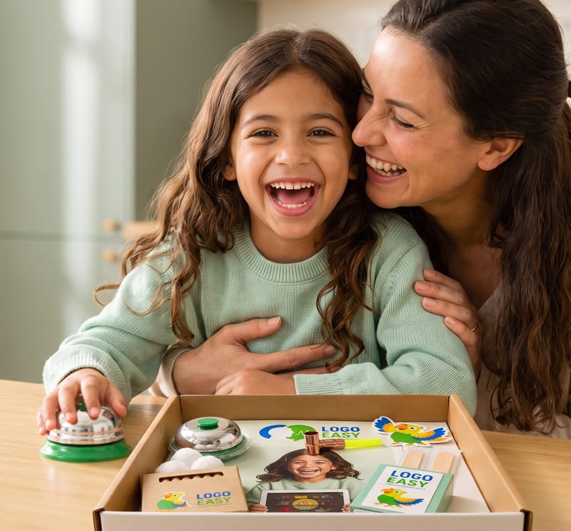 Lachendes Mädchen mit ihrer Mama und der Logo-Easy Box am Küchentisch