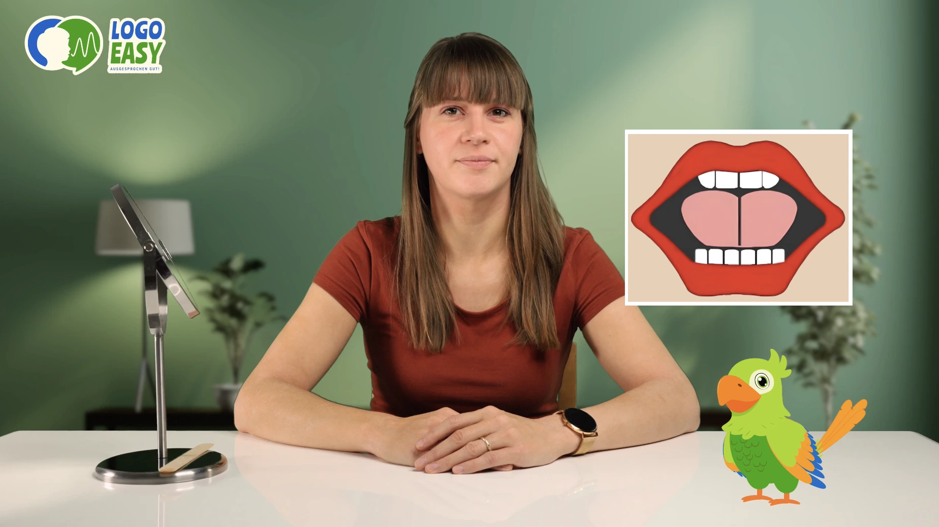 Logopädin mit Illustrationen von Mundbewegungen und dem Logo Easy Maskottchen Rikki.